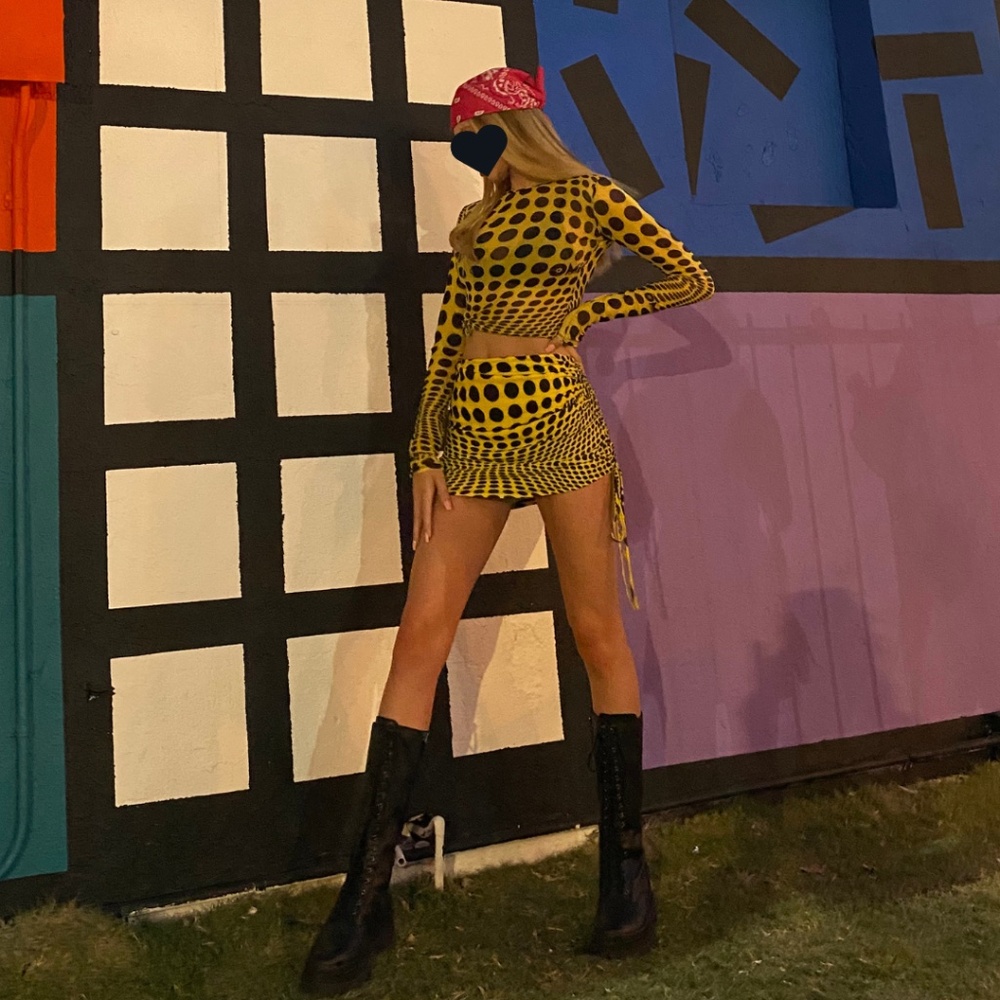 O-Mighty Yellow Black Dot Mesh Two-Piece Coorrd Set